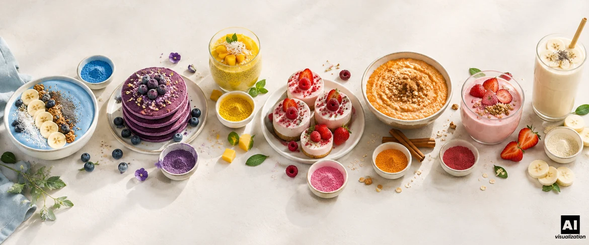 Pudre colorate în bucătărie: un bol cu smoothie albastru, clătite cu ube violet, budincă de mango și mini-cheesecake-uri roz.