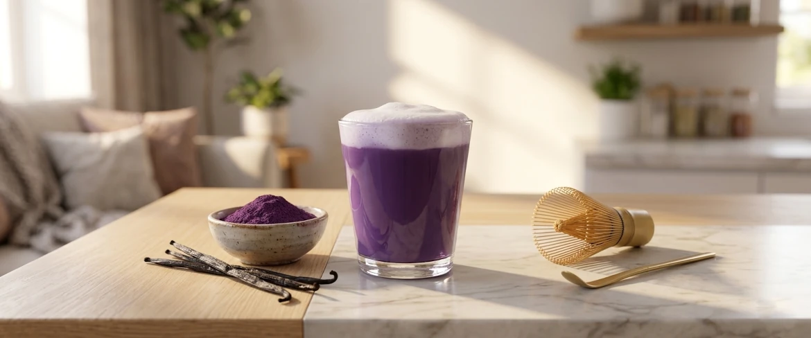 Ce este ube? Matcha violet preparat într-un pahar cu lapte