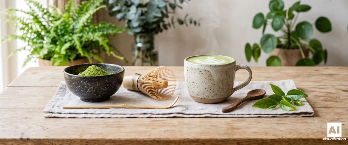Un latte cu matcha și lapte într-o ceașcă de ceramică, un bol cu pudră de matcha și un tel din bambus.
