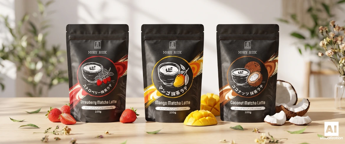 Pachete cu „Mary Rose Strawberry, Mango and Coconut Matcha Latte” așezate pe o masă de lemn.