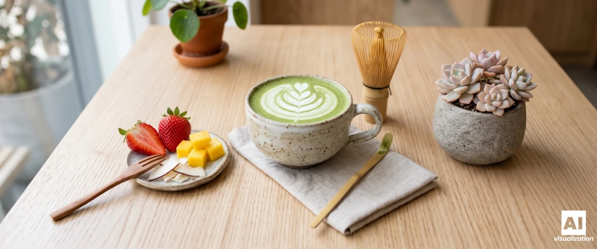 Un latte cu matcha și lapte, un tel din bambus și căpșuni, mango și nucă de cocos pe o masă.