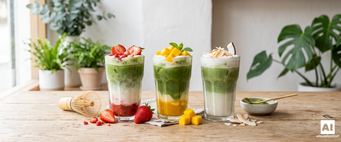 Latte-uri colorate, cu straturi de matcha, cu căpșuni, mango și nucă de cocos, servite în pahare.