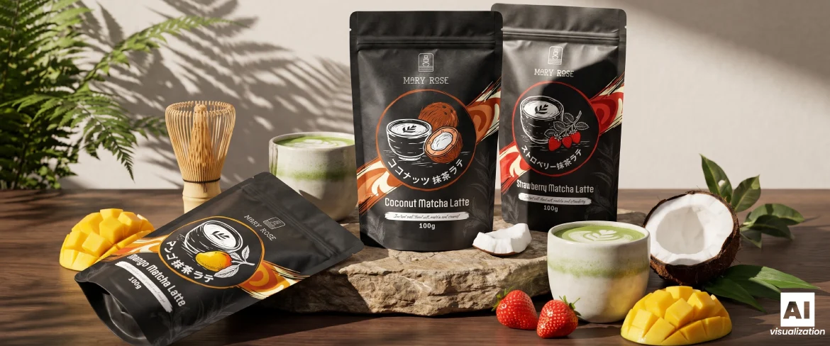 Produsele Mary Rose Matcha Latte, disponibile în trei arome, conțin o băutură, fructe și un tel din bambus.