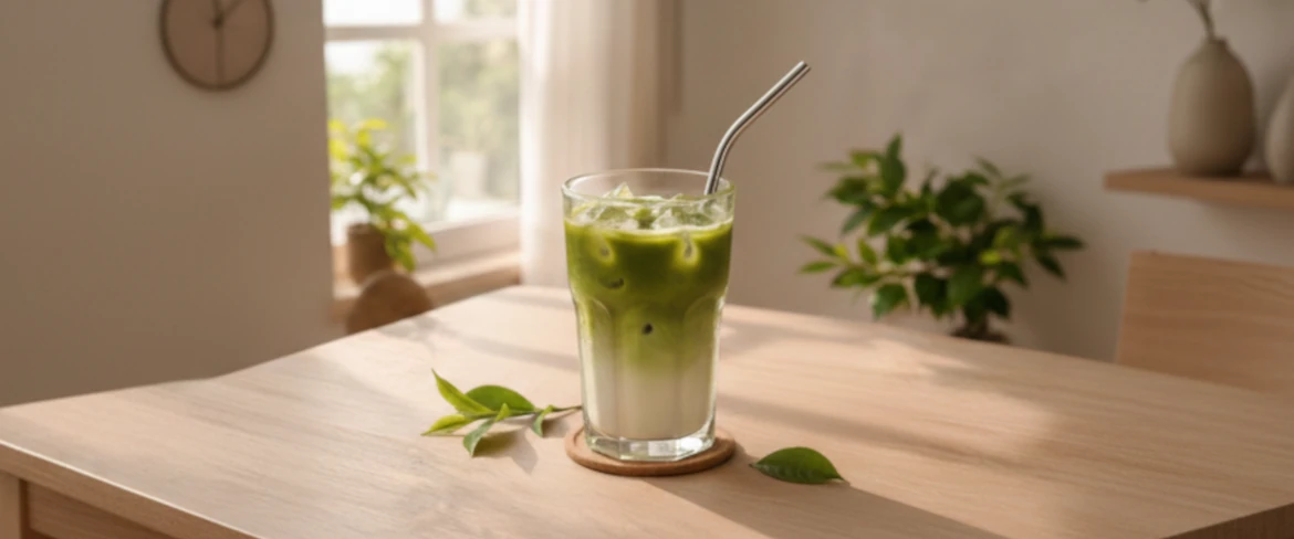 Cum se prepară latte matcha rece – matcha cu lapte și cuburi de gheață