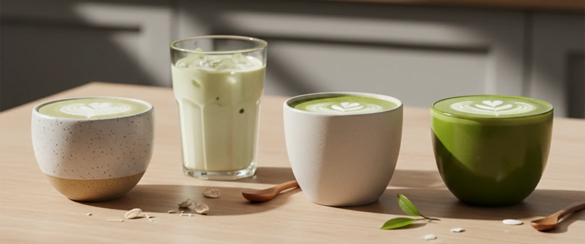 Matcha latte cu diferite tipuri de lapte – ovăz, cocos și migdale