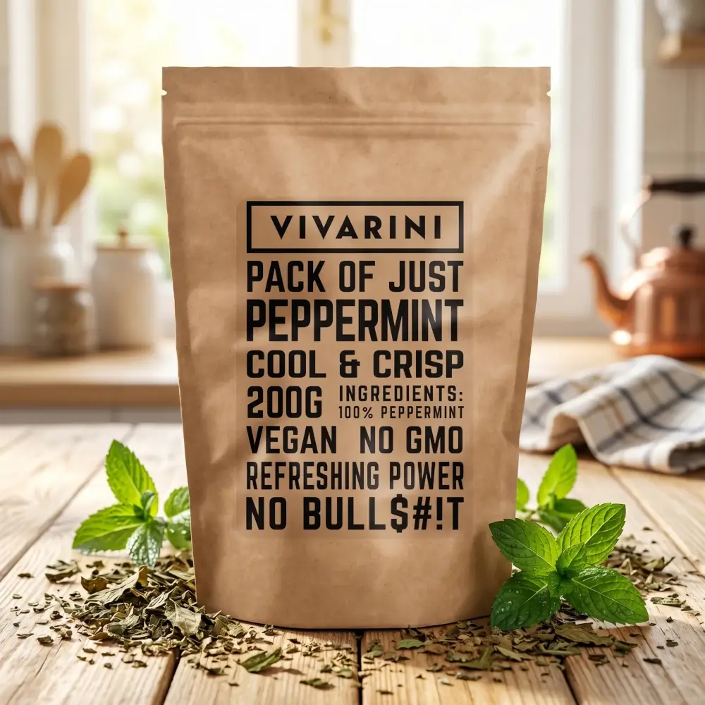 Mentă uscată de la marca Vivarini, într-un ambalaj din hârtie ecologică, cu frunze mărunțite împrăștiate în interior