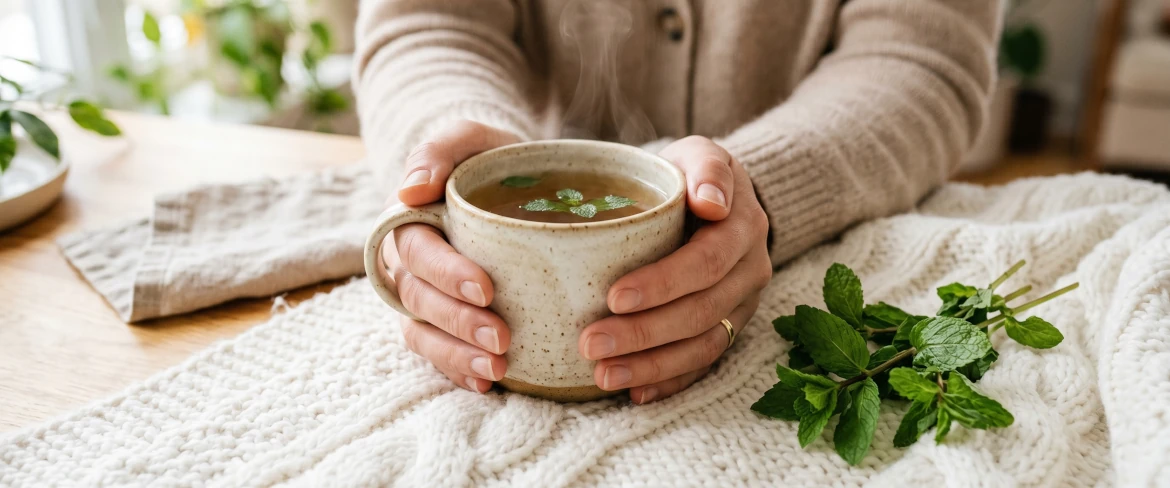 O persoană care își încălzește mâinile cu o infuzie caldă de mentă, ilustrând perfect efectele relaxante ale ceaiului de mentă