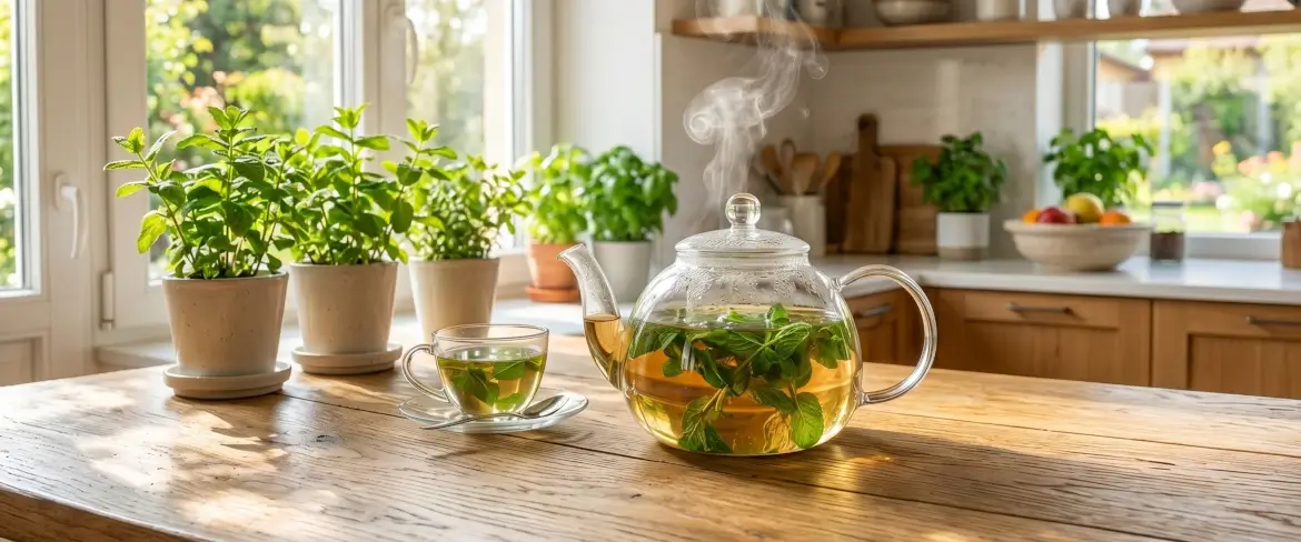 Menta proaspătă infuzată într-un ceainic de sticlă