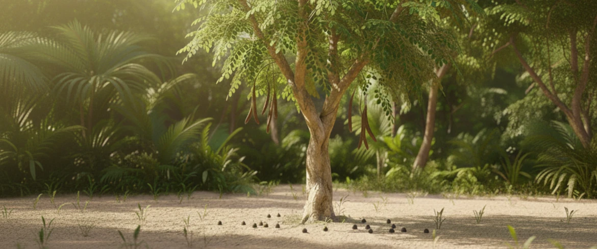 Frunzele arborelui Moringa în lumina soarelui tropical – cultivarea naturală a Moringa