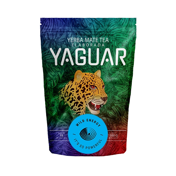 Yerba mate argentiniană puternică „Yaguar Wild Energy” în ambalaj tip doypack.