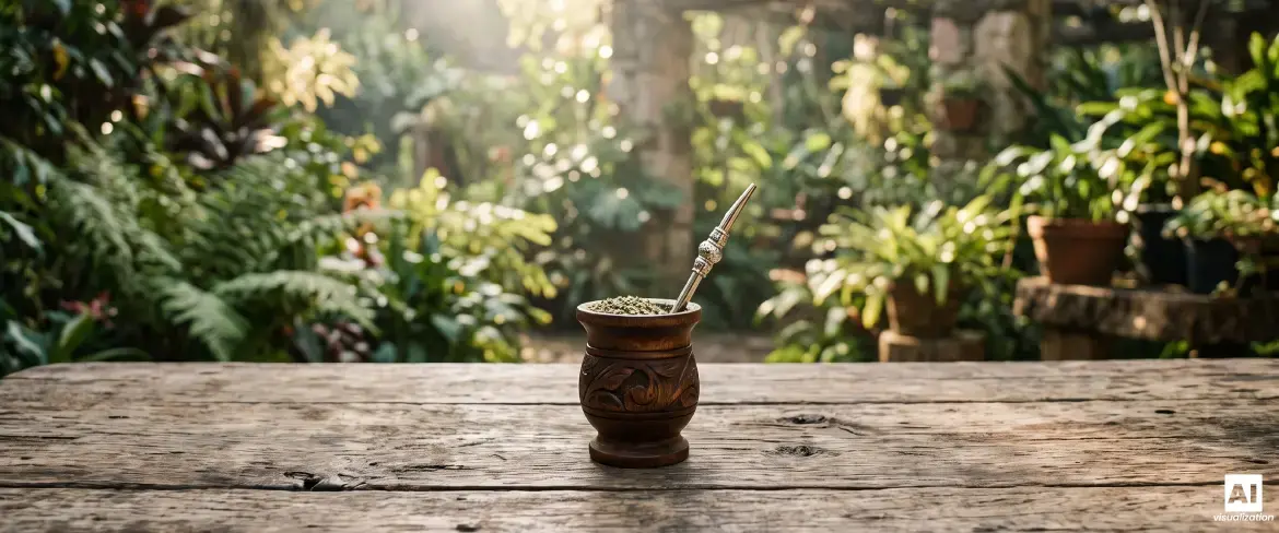 Tigvă de lemn pentru mate, cu yerba mate puternică și o bombilla, pe fundalul frunzișului verde.