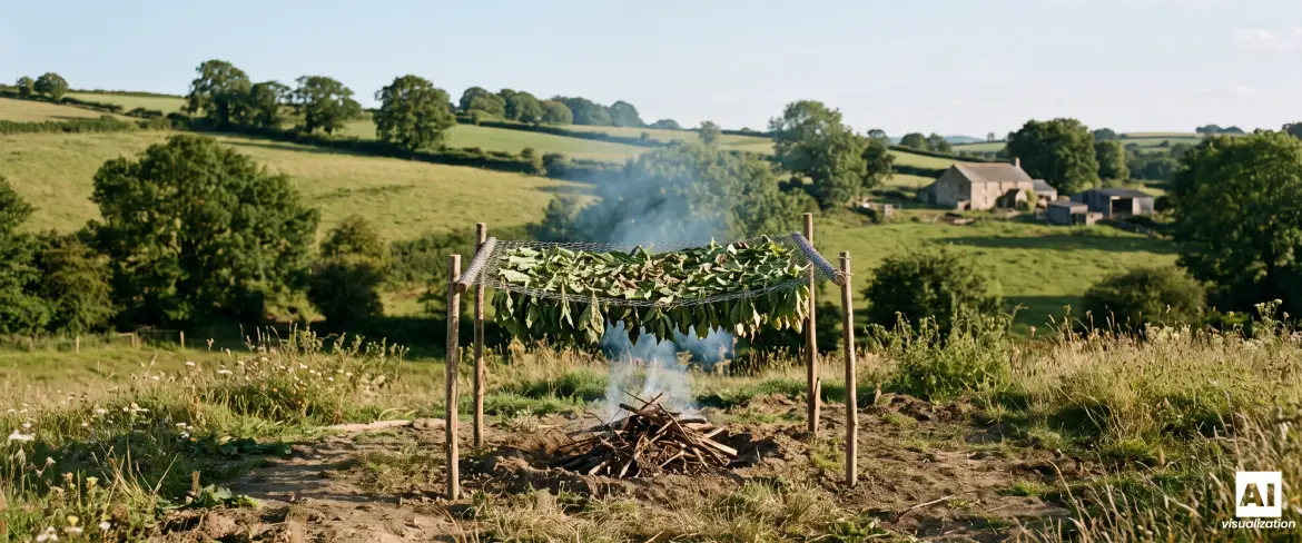 Uscarea frunzelor de yerba mate la foc, folosind metoda „barbacuá”, în mediul rural.