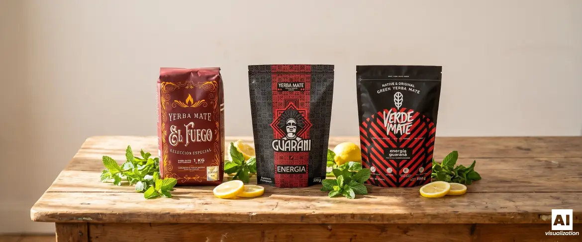 Trei variante de yerba mate puternică, cu guarana și frunze uscate la fum, așezate pe o masă de lemn.