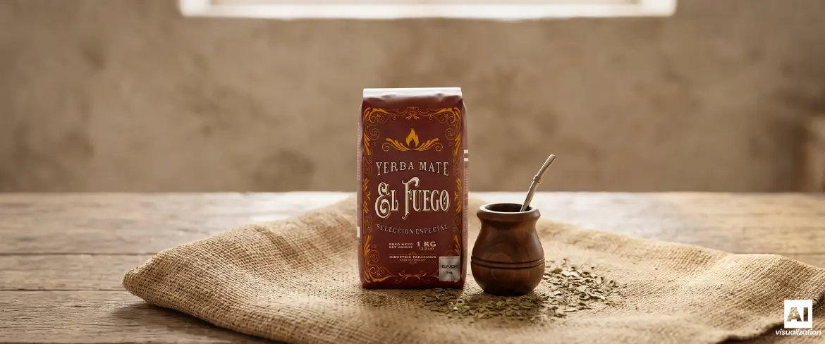 El Fuego Elaborada 1 kg și un vas de mate cu yerba mate, ambalat într-o pânză tradițională din iută.