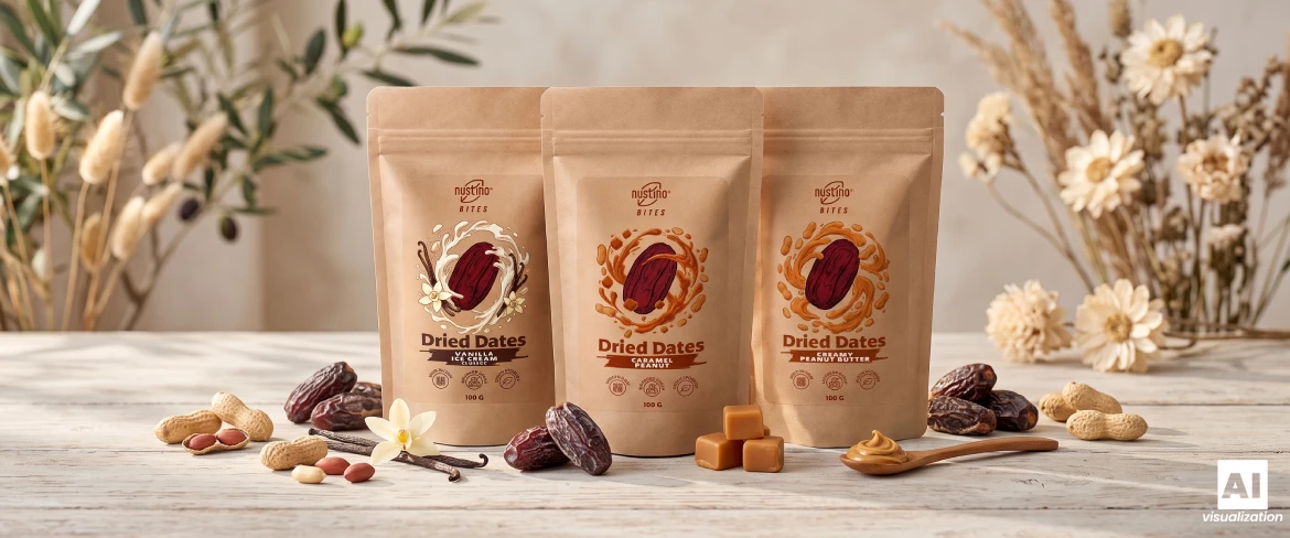 Trei pachete tip „doypack” Nustino Bites cu curmale aromatizate, nuci și curmale uscate.