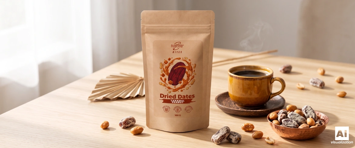 Pachetul tip „doypack” Nustino Bites cu arahide și caramel, lângă o ceașcă de cafea și o gustare cu nuci.