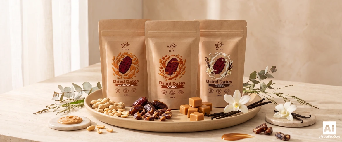 Trei variante de aromă Nustino Bites pe o tavă, cu curmale, nuci, caramel și vanilie.