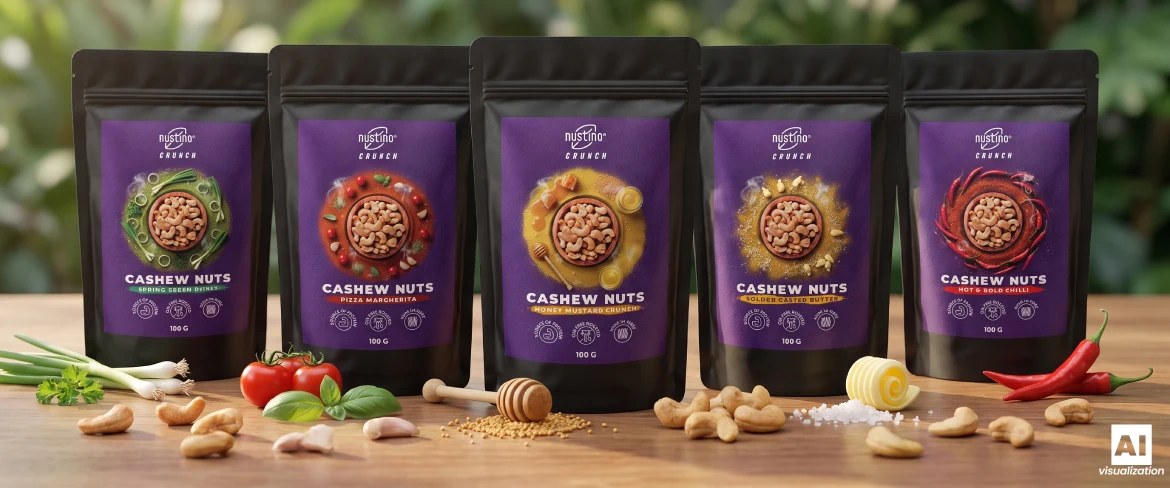 Cinci pachete de alune de caju prăjite Nustino Crunch cu arome.
