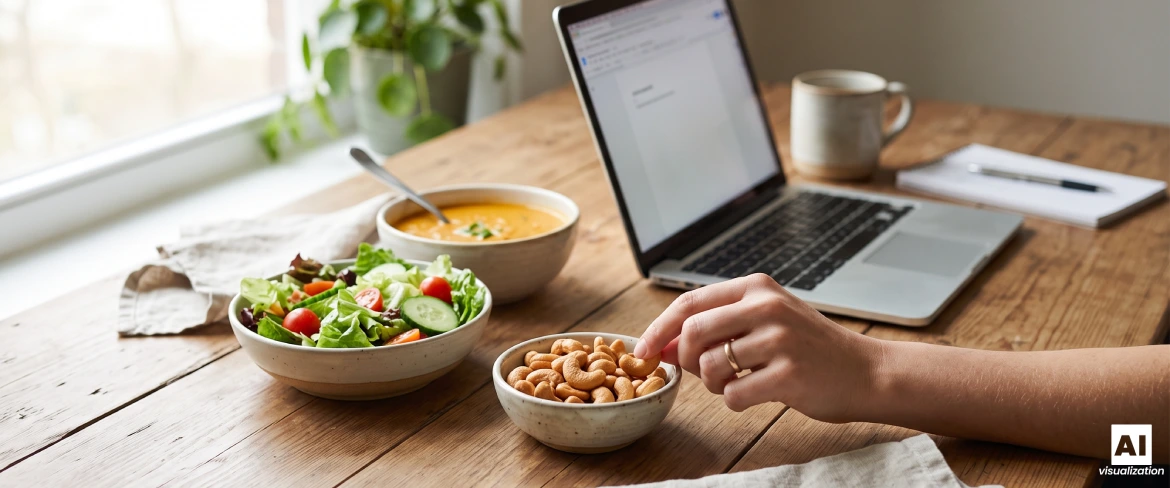Nuci de caju prăjite într-un bol, lângă o salată, o supă și un laptop.