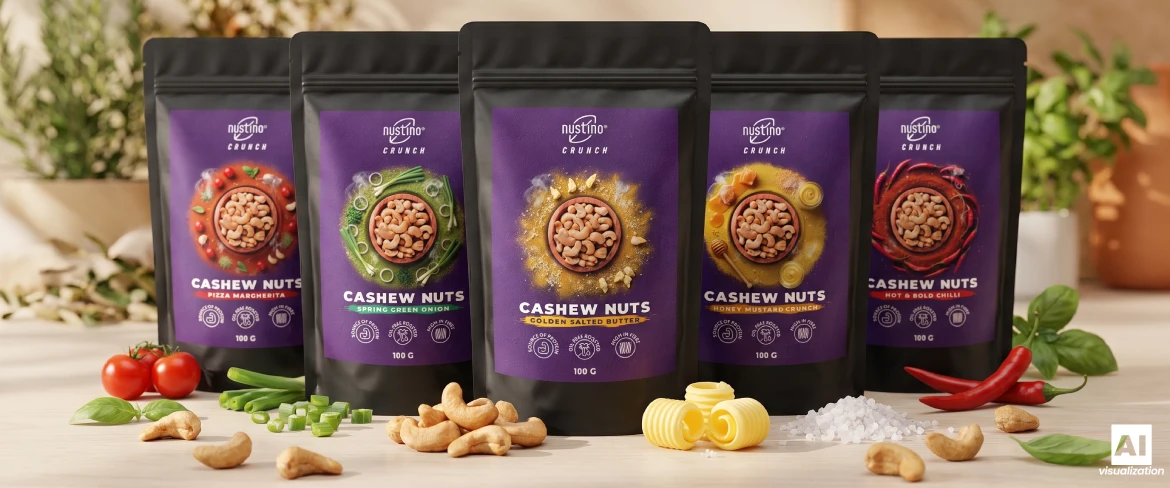 Cinci sortimente de nuci de caju prăjite Nustino Crunch.