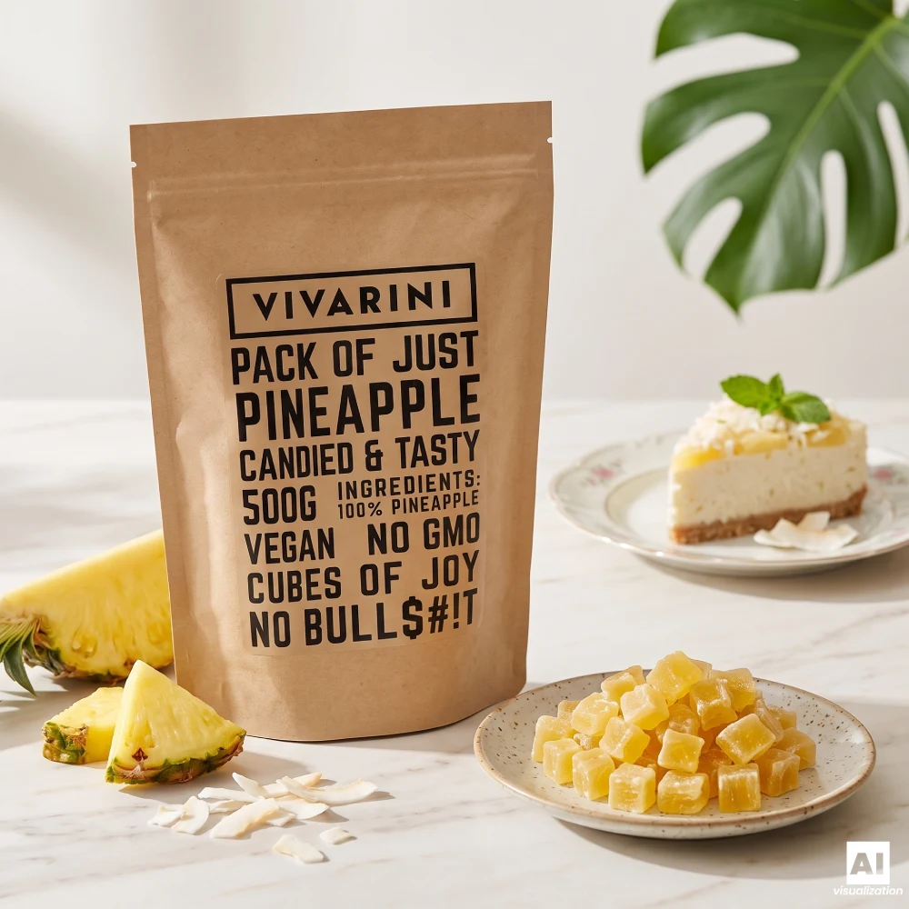 Un pachet tip „doypack” cu ananas confiat Vivarini, așezat lângă o prăjitură cu brânză și nucă de cocos și felii de ananas proaspăt, pe un blat de bucătărie.