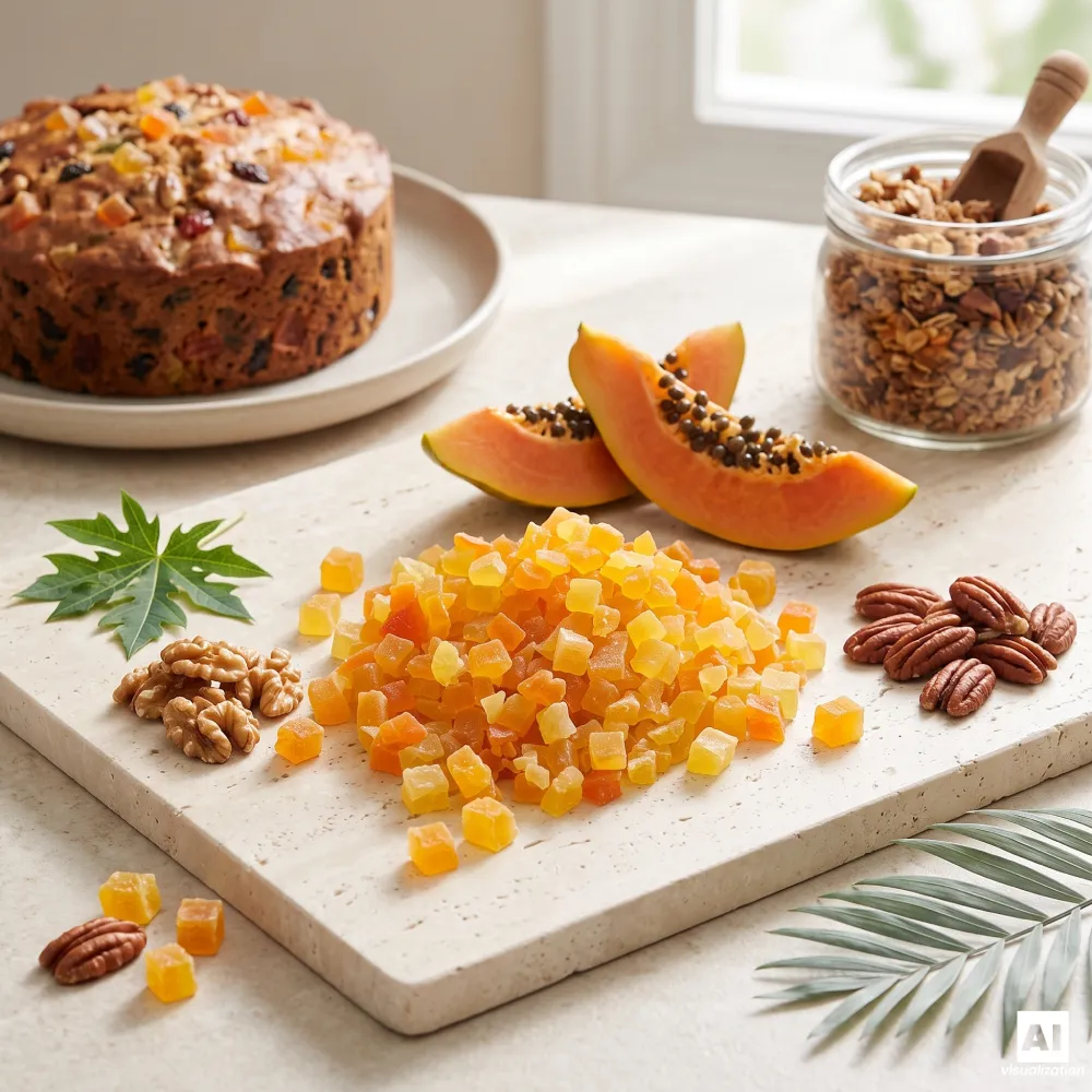 Bucăți de papaya confiate lângă un tort cu fructe, un borcan cu granola de casă, nuci și papaya proaspătă și coaptă.