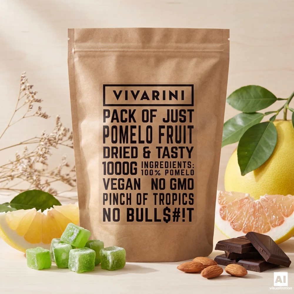 Un pachet de pomelo confiate Vivarini, alături de citrice proaspete, ciocolată neagră și migdale.