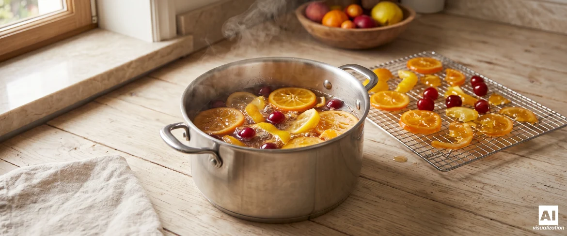 Portocale și afine fierte în sirop de zahăr în timpul procesului de confiere a fructelor, alături de acestea fiind așezate fructe care se usucă pe o grilă.