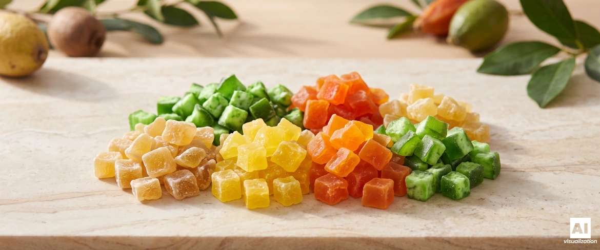 Cuburi colorate de fructe confiate – ananas, papaya și pomelo – așezate pe un blat de bucătărie din piatră de culoare deschisă.