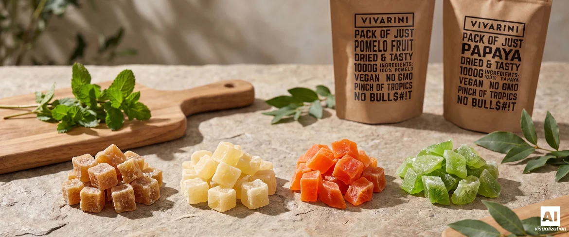 Cuburi de fructe confiate lângă pachete tip „doypack” cu pomelo confiat și papaya confiată de la Vivarini, așezate pe un blat de piatră.