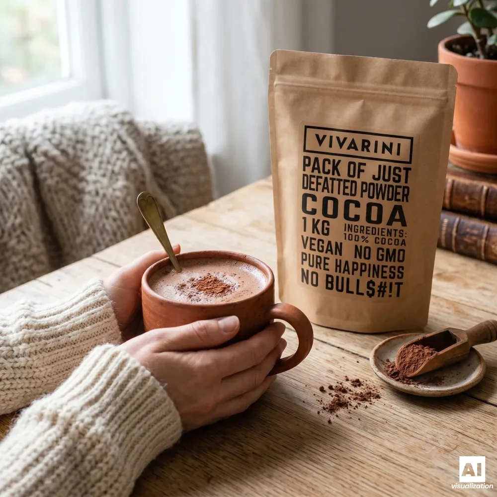 Pudră de cacao alcalinizată Vivarini, preparată cu o ceașcă de băutură din cacao.