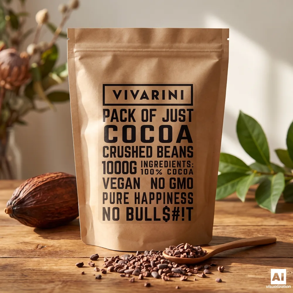 Boabe de cacao măcinate Vivarini într-un pachet cu bucăți de cacao împrăștiate.