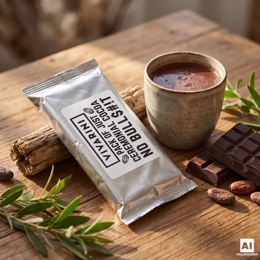 Cacao ceremonială Vivarini Criollo într-un ambalaj argintiu, lângă o ceașcă de cacao.