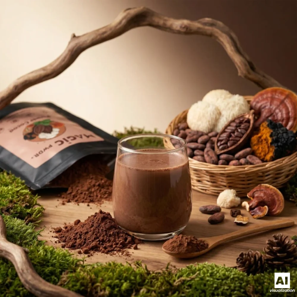 Magic Pwdr Power Cocoa, adică cacao cu extracte de ciuperci, alături de o cană de băutură caldă din cacao.