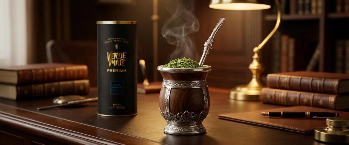 Ritualul tradițional de preparare a ceaiului fierbinte din yerba mate de calitate superioară într-un recipient elegant pentru mate, alături de un tub al mărcii Verde Mate