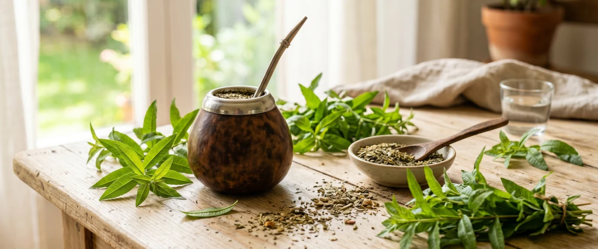 Un vas de yerba mate înconjurat de plante aromatice. Descoperă cu ce se poate combina verbena de lămâie.