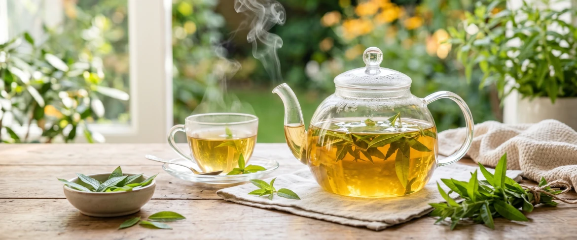 Infuzie fierbinte de verbină de lămâie într-un ceainic de sticlă.