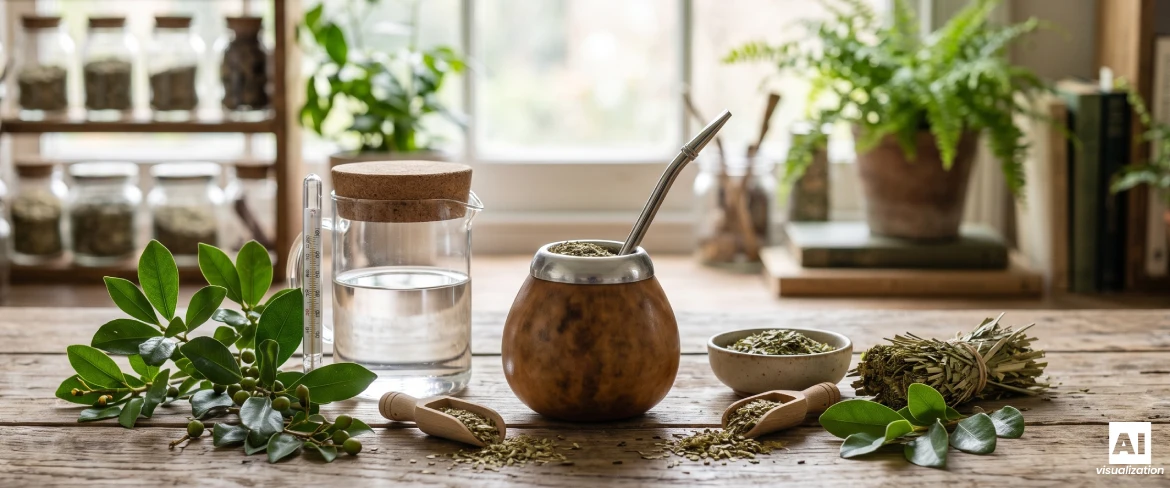O tăbliță de mate cu yerba mate, frunze de yerba mate, yerba mate uscată, apă și un termometru pentru preparare.