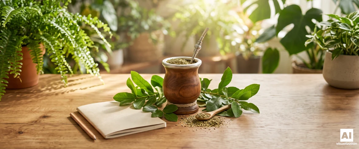 Yerba mate într-un vas de lemn pentru mate, cu frunze de yerba mate și un caiet pe o masă.