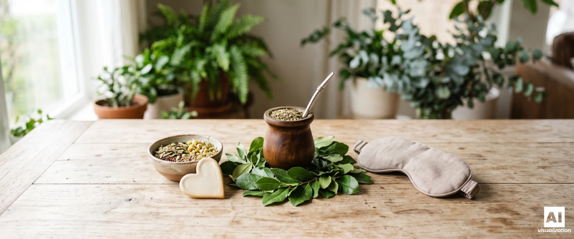 Yerba mate într-o cupă de mate, înconjurată de frunze, plante aromatice și o mască de somn.