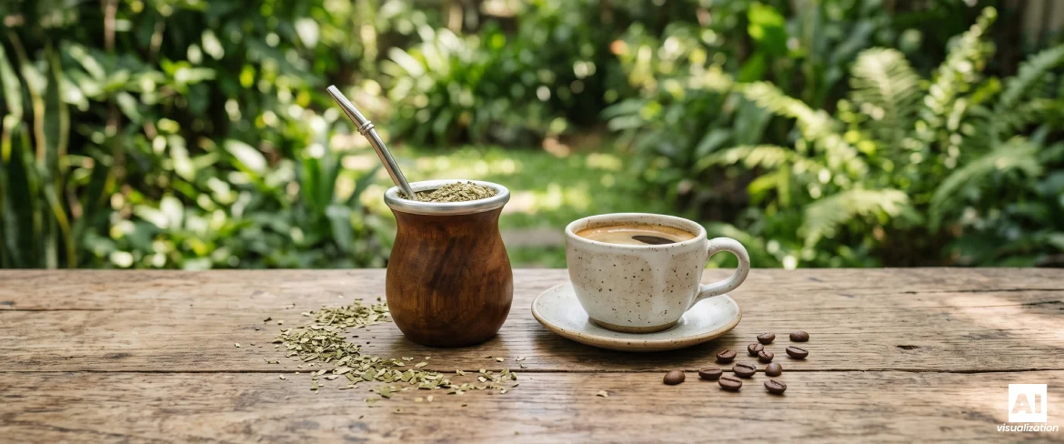 Yerba mate și o ceașcă de cafea, așezate una lângă alta pe o masă de lemn.