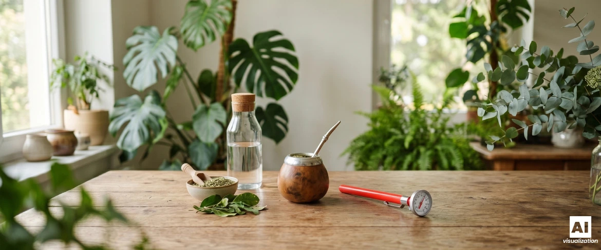 Un vas de mate cu yerba mate, apă, yerba mate uscată și un termometru pentru verificarea temperaturii infuziei.