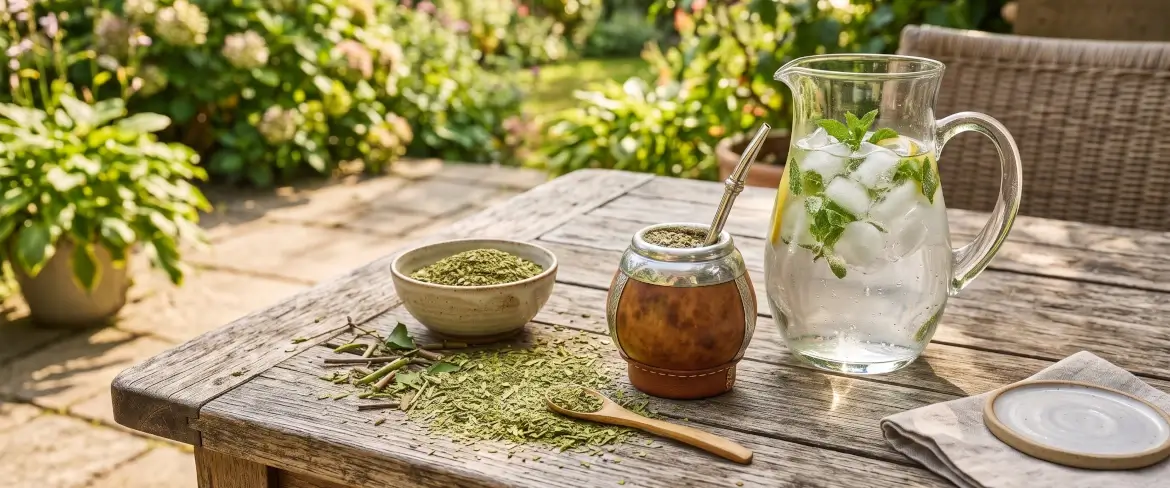 Frunze de yerba mate și un ulcior de sticlă cu apă rece ca gheața