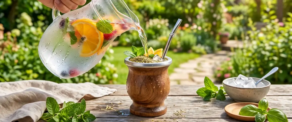 Yerba mate rece se toarnă peste suc de fructe răcit pentru a prepara tereré