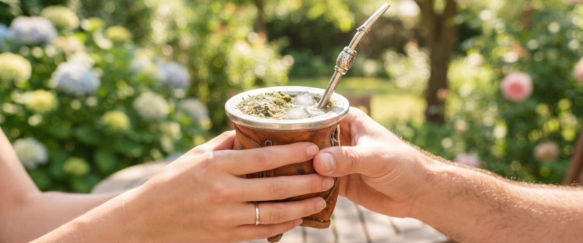 Două persoane care beau împreună un tereré rece ca gheața dintr-o tărtăcuță, într-o grădină însorită și verde