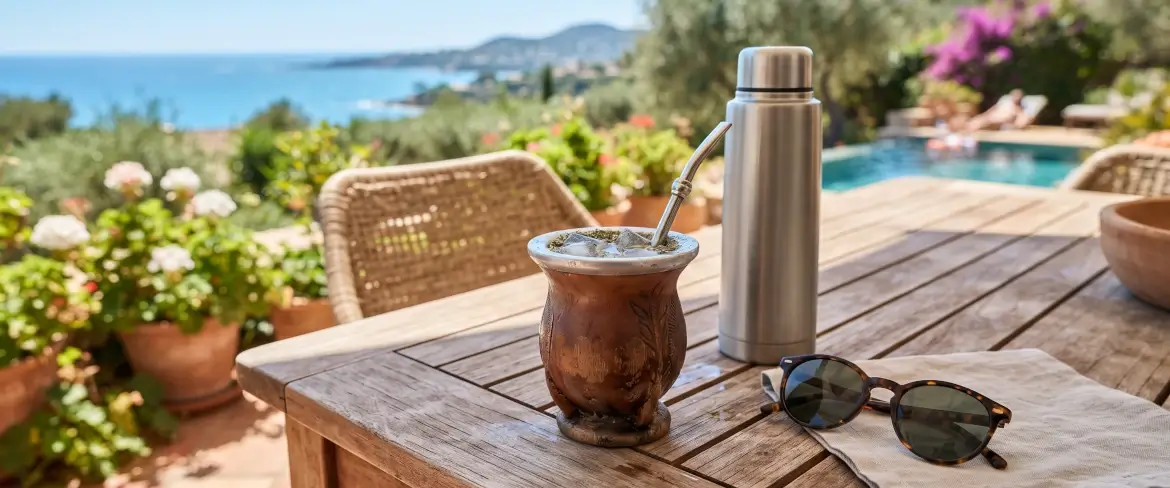 Relaxare de vară pe terasă, cu un termos și o pipă de mate