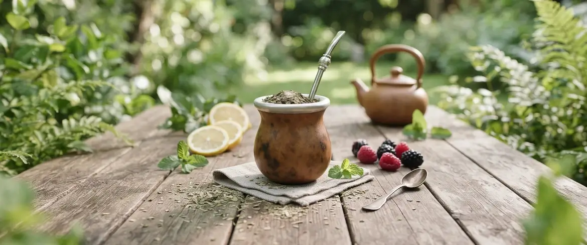 Un vas de mate cu yerba mate pe o masă de lemn, alături de lămâie și mentă, creând un cadru natural pentru această băutură.
