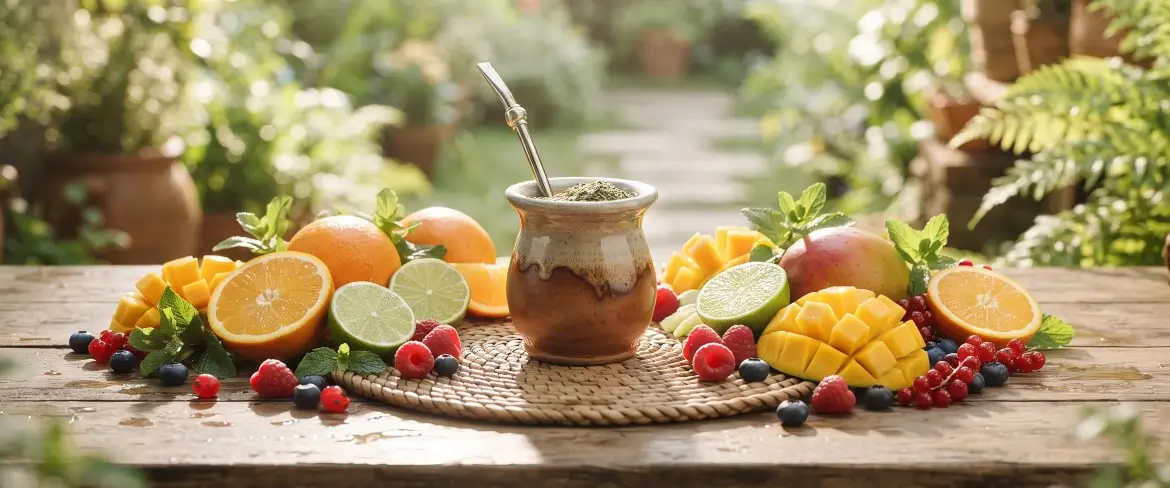 Yerba mate cu note de citrice, mango și fructe de pădure, servită într-un vas de mate, creând o infuzie proaspătă și revigorantă.