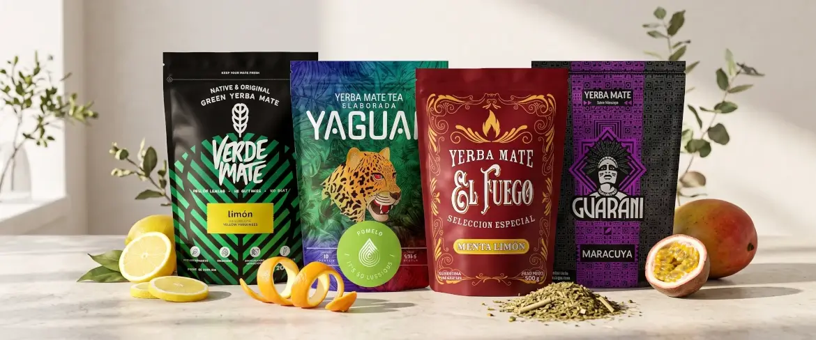 Pachete tip „doypack” cu yerba mate cu diverse arome de fructe, inclusiv citrice și yerba mate cu fructe.