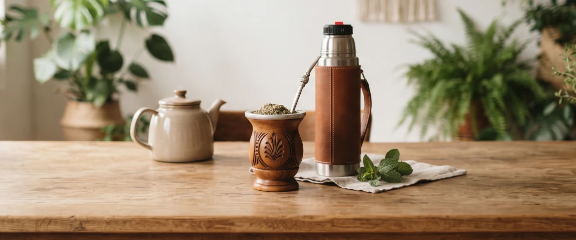 O tărtăcuță de mate cu yerba mate, un termos și accesorii pentru prepararea băuturii, așezate pe o masă, ilustrând ritualul zilnic al consumului de yerba mate.